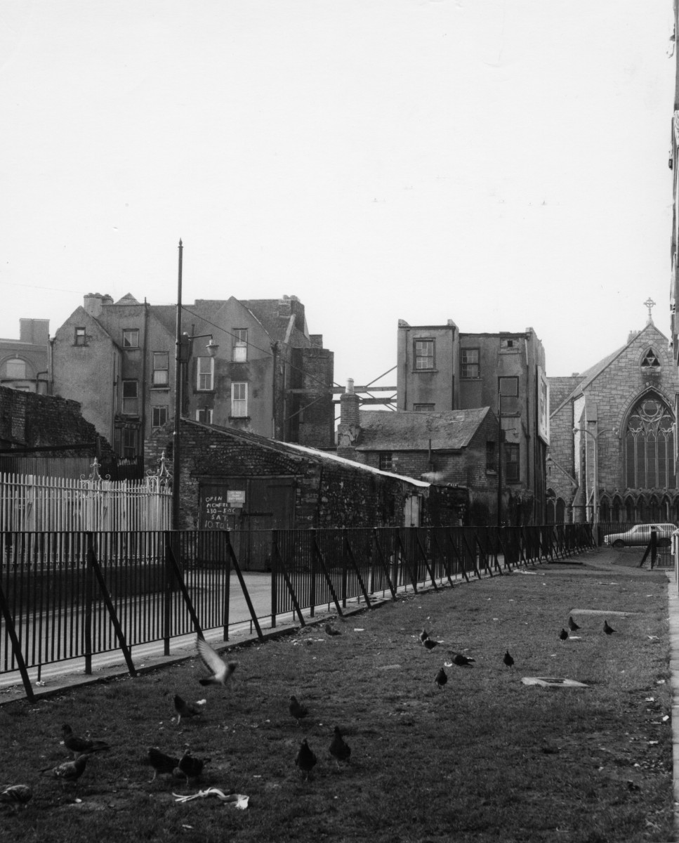 Rears of surviving gabled houses on Aungier Street in the 1960s 